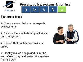 Test proto types Choose users that are not experts with systems Provide them with dummy activities to test the system Ensure that each functionality is tested Identify issues / bugs and fix at the end of each day and re-test the system from scratch M A D V Process, policy, systems & training D Optimise -GB 