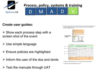 Create user guides: Show each process step with a screen shot of the event Use simple language Ensure policies are highlighted Inform the user of the dos and donts Test the manuals through UAT M A D V Process, policy, systems & training D Optimise -GB 