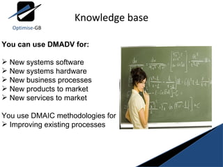 Knowledge base You can use DMADV for: New systems software New systems hardware New business processes New products to market New services to market You use DMAIC methodologies for Improving existing processes Optimise -GB 
