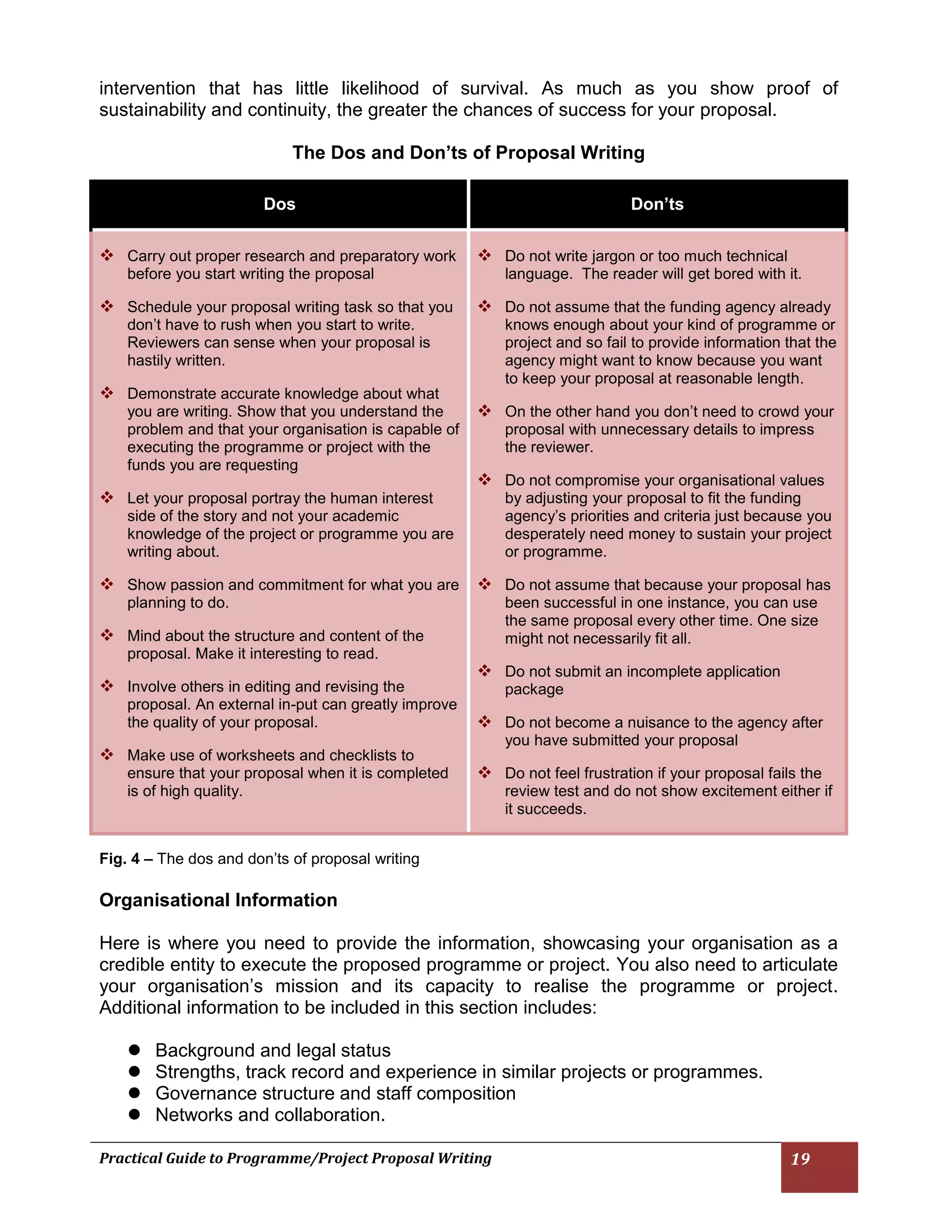Practical Guide to Programme/Project Proposal Writing 19 
intervention that has little likelihood of survival. As much as you show proof of sustainability and continuity, the greater the chances of success for your proposal. 
The Dos and Don’ts of Proposal Writing 
Dos Don’ts  Carry out proper research and preparatory work before you start writing the proposal  Schedule your proposal writing task so that you don’t have to rush when you start to write. Reviewers can sense when your proposal is hastily written.  Demonstrate accurate knowledge about what you are writing. Show that you understand the problem and that your organisation is capable of executing the programme or project with the funds you are requesting  Let your proposal portray the human interest side of the story and not your academic knowledge of the project or programme you are writing about.  Show passion and commitment for what you are planning to do.  Mind about the structure and content of the proposal. Make it interesting to read.  Involve others in editing and revising the proposal. An external in-put can greatly improve the quality of your proposal.  Make use of worksheets and checklists to ensure that your proposal when it is completed is of high quality.  Do not write jargon or too much technical language. The reader will get bored with it.  Do not assume that the funding agency already knows enough about your kind of programme or project and so fail to provide information that the agency might want to know because you want to keep your proposal at reasonable length.  On the other hand you don’t need to crowd your proposal with unnecessary details to impress the reviewer.  Do not compromise your organisational values by adjusting your proposal to fit the funding agency’s priorities and criteria just because you desperately need money to sustain your project or programme.  Do not assume that because your proposal has been successful in one instance, you can use the same proposal every other time. One size might not necessarily fit all.  Do not submit an incomplete application package  Do not become a nuisance to the agency after you have submitted your proposal  Do not feel frustration if your proposal fails the review test and do not show excitement either if it succeeds. 
Fig. 4 – The dos and don’ts of proposal writing 
Organisational Information 
Here is where you need to provide the information, showcasing your organisation as a credible entity to execute the proposed programme or project. You also need to articulate your organisation’s mission and its capacity to realise the programme or project. Additional information to be included in this section includes: 
 Background and legal status 
 Strengths, track record and experience in similar projects or programmes. 
 Governance structure and staff composition 
 Networks and collaboration.  