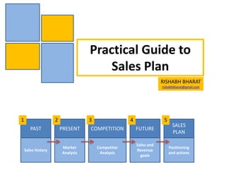 Practical Guide to
Sales Plan
PAST PRESENT COMPETITION FUTURE
SALES
PLAN
Sales history
Market
Analysis
Competitor
Analysis
Sales and
Revenue
goals
Positioning
and actions
1 2 3 4 5
RISHABH BHARAT
rishabhbharat@gmail.com
 