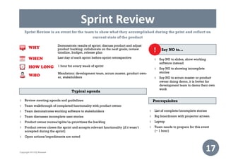 Sprint Review
17
Sprint Review is an event for the team to show what they accomplished during the print and reflect on
current state of the product
Last day of each sprint before sprint retrospective
Demonstrate results of sprint; discuss product and adjust
product backlog; collaborate on the next goals; review
timeline, budget, release plan
1 hour for every week of sprint
Mandatory: development team, scrum master, product own-
er, stakeholders
 Say NO to slides, show working
software instead
 Say NO to showing incomplete
stories
 Say NO to scrum master or product
owner doing demo, it is better for
development team to demo their own
work
Say NO to...!
 List of complete/incomplete stories
 Big boardroom with projector screen
 Laptop
 Team needs to prepare for this event
(~ 1 hour)
Prerequisites
Typical agenda
 Review meeting agenda and guidelines
 Team walkthrough of completed functionality with product owner
 Team demonstrates working software to stakeholders
 Team discusses incomplete user stories
 Product owner moves/splits/re-prioritizes the backlog
 Product owner closes the sprint and accepts relevant functionality (if it wasn’t
accepted during the sprint)
 Open actions/impediments are noted
Copyright 2014 IQ Business
WHEN
WHY
HOW LONG
WHO
 