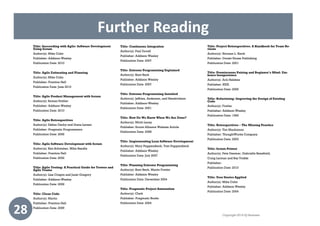 Further Reading
28
Title: Succeeding with Agile: Software Development
Using Scrum
Author(s): Mike Cohn
Publisher: Addison-Wesley
Publication Date: 2010
Title: Agile Estimating and Planning
Author(s): Mike Cohn
Publisher: Prentice Hall
Publication Date: June 2010
Title: Agile Product Management with Scrum
Author(s): Roman Pichler
Publisher: Addison Wesley
Publication Date: 2010
Title: Agile Retrospectives
Author(s): Esther Derby and Diana Larsen
Publisher: Pragmatic Programmers
Publication Date: 2006
Title: Agile Software Development with Scrum
Author(s): Ken Schwaber, Mike Beedle
Publisher: Prentice Hall
Publication Date: 2002
Title: Agile Testing: A Practical Guide for Testers and
Agile Teams
Author(s): Lisa Crispin and Janet Gregory
Publisher: Addison-Wesley
Publication Date: 2009
Title: Clean Code
Author(s): Martin
Publisher: Prentice Hall
Publication Date: 2009
Title: Continuous Integration
Author(s): Paul Duvall
Publisher: Addison Wesley
Publication Date: 2007
Title: Extreme Programming Explained
Author(s): Kent Beck
Publisher: Addison Wesley
Publication Date: 2007
Title: Extreme Programming Installed
Author(s): Jeffries, Anderson, and Hendrickson
Publisher: Addison-Wesley
Publication Date: 2001
Title: How Do We Know When We Are Done?
Author(s): Mitch Lacey
Publisher: Scrum Alliance Website Article
Publication Date: 2008
Title: Implementing Lean Software Development
Author(s): Mary Poppendieck, Tom Poppendieck
Publisher: Addison Wesley
Publication Date: July 2007
Title: Planning Extreme Programming
Author(s): Kent Beck, Martin Fowler
Publisher: Addison Wesley
Publication Date: December 2004
Title: Pragmatic Project Automation
Author(s): Clark
Publisher: Pragmatic Books
Publication Date: 2004
Title: Project Retrospectives: A Handbook for Team Re-
views
Author(s): Norman L. Kerth
Publisher: Dorset House Publishing
Publication Date: 2001
Title: Promiscuous Pairing and Beginner’s Mind: Em-
brace Inexperience
Author(s): Arlo Belshee
Publisher: IEEE
Publication Date: 2006
Title: Refactoring: Improving the Design of Existing
Code
Author(s): Fowler
Publisher: Addison-Wesley
Publication Date: 1999
Title: Retrospectives – The Missing Practice
Author(s): Tim Mackinnon
Publisher: ThoughtWorks Company
Publication Date: 2003
Title: Scrum Primer
Author(s): Pete Deemer, Gabrielle Benefield,
Craig Larman and Bas Vodde
Publisher:
Publication Date: 2010
Title: User Stories Applied
Author(s): Mike Cohn
Publisher: Addison Wesley
Publication Date: 2004
Copyright 2014 IQ Business
 