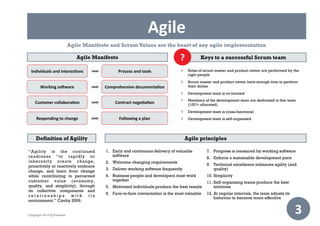 Agile
3
Agile Manifesto and ScrumValues are the heart of any agile implementation
Individuals and interactions over Process and tools
Working software over Comprehensive documentation
Customer collaboration over Contract negotiation
Responding to change over Following a plan
Agile Manifesto
Definition of Agility
“Agility is the continued
readiness “to rapidly or
inherently create change,
proactively or reactively embrace
change, and learn from change
while contributing to perceived
customer value (economy,
quality, and simplicity), through
its collective components and
r e l a t i o n s h i p s w i t h i t s
environment.” Conby 2009.
Keys to a successful Scrum team?
 Roles of scrum master and product owner are performed by the
right people
 Scrum master and product owner have enough time to perform
their duties
 Development team is co-located
 Members of the development team are dedicated to that team
(100% allocated)
 Development team is cross-functional
 Development team is self-organised
Agile principles
1. Early and continuous delivery of valuable
software
2. Welcome changing requirements
3. Deliver working software frequently
4. Business people and developers must work
together
5. Motivated individuals produce the best results
6. Face-to-face conversation is the most valuable
7. Progress is measured by working software
8. Enforce a sustainable development pace
9. Technical excellence enhances agility (and
quality)
10. Simplicity
11. Self-organising teams produce the best
solutions
12. At regular intervals, the team adjusts its
behavior to become more effective
Copyright 2014 IQ Business
 