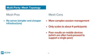 vLine 18
Multi-Party: Mesh Topology
Mesh Pros
• No server (simpler and cheaper
infrastructure)
Mesh Cons
• More complex session management
• Only scales to about 4 participants
• Poor results on mobile devices
(which are often hard-pressed to
support a single peer)
 