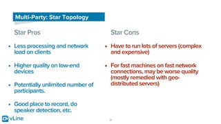 vLine 19
Multi-Party: Star Topology
Star Pros
• Less processing and network
load on clients
• Higher quality on low-end
devices
• Potentially unlimited number of
participants.
• Good place to record, do
speaker detection, etc.
Star Cons
• Have to run lots of servers (complex
and expensive)
• For fast machines on fast network
connections, may be worse quality
(mostly remedied with geo-
distributed servers)
 