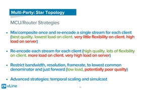 vLine 21
Multi-Party: Star Topology
MCU/Router Strategies
• Mix/composite once and re-encode a single stream for each client
(best quality. lowest load on client. very little flexibility on client. high
load on server)
• Re-encode each stream for each client (high quality. lots of flexibility
on client. more load on client. very high load on server)
• Restrict bandwidth, resolution, framerate, to lowest common
denominator and just forward (low load, potentially poor quality)
• Advanced strategies: temporal scaling and simulcast
 