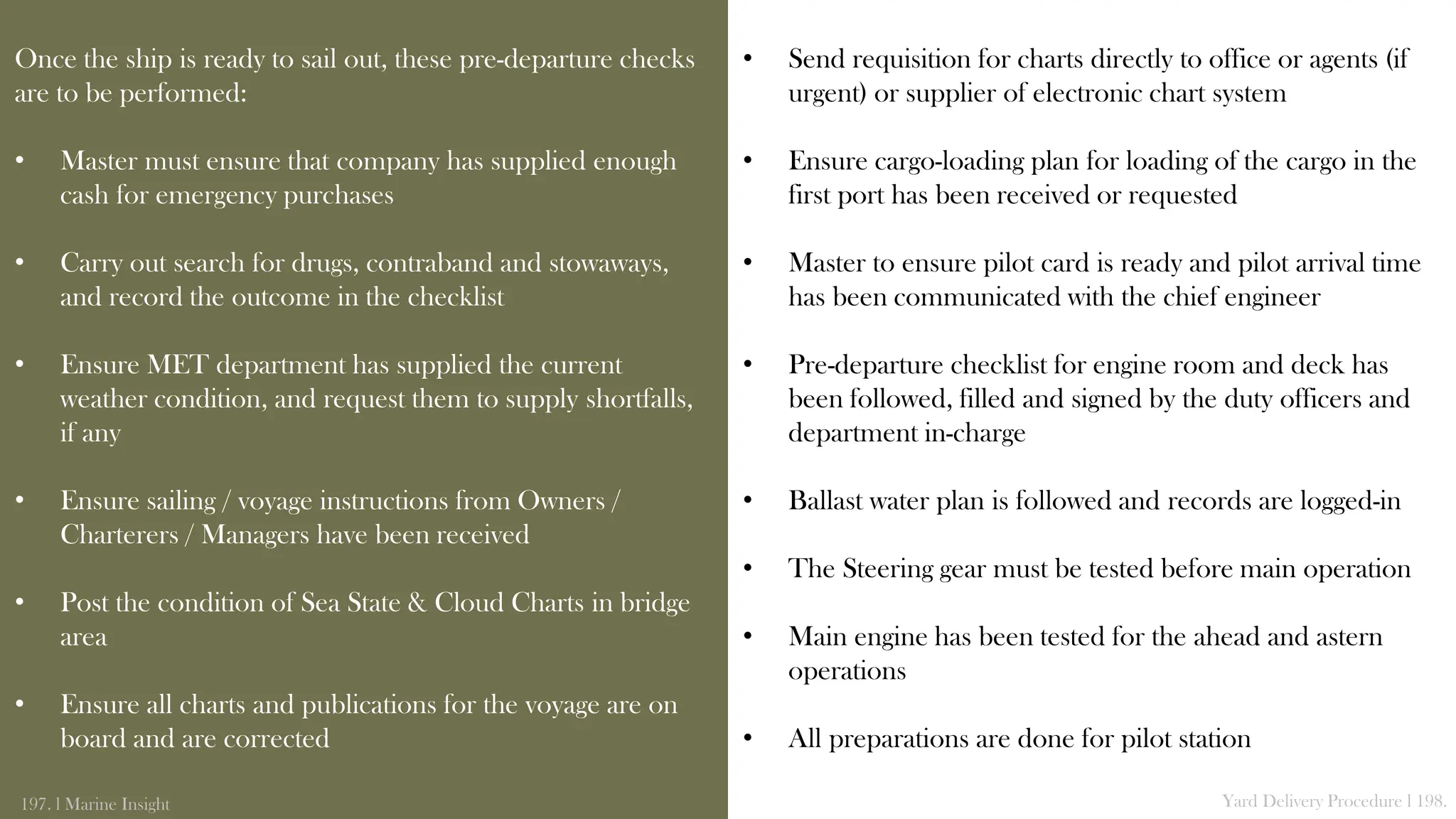 Once the ship is ready to sail out, these pre-departure checks
are to be performed:
• Master must ensure that company has supplied enough
cash for emergency purchases
• Carry out search for drugs, contraband and stowaways,
and record the outcome in the checklist
• Ensure MET department has supplied the current
weather condition, and request them to supply shortfalls,
if any
• Ensure sailing / voyage instructions from Owners /
Charterers / Managers have been received
• Post the condition of Sea State & Cloud Charts in bridge
area
• Ensure all charts and publications for the voyage are on
board and are corrected
197. l Marine Insight Yard Delivery Procedure l 198.
• Send requisition for charts directly to office or agents (if
urgent) or supplier of electronic chart system
• Ensure cargo-loading plan for loading of the cargo in the
first port has been received or requested
• Master to ensure pilot card is ready and pilot arrival time
has been communicated with the chief engineer
• Pre-departure checklist for engine room and deck has
been followed, filled and signed by the duty officers and
department in-charge
• Ballast water plan is followed and records are logged-in
• The Steering gear must be tested before main operation
• Main engine has been tested for the ahead and astern
operations
• All preparations are done for pilot station
 
