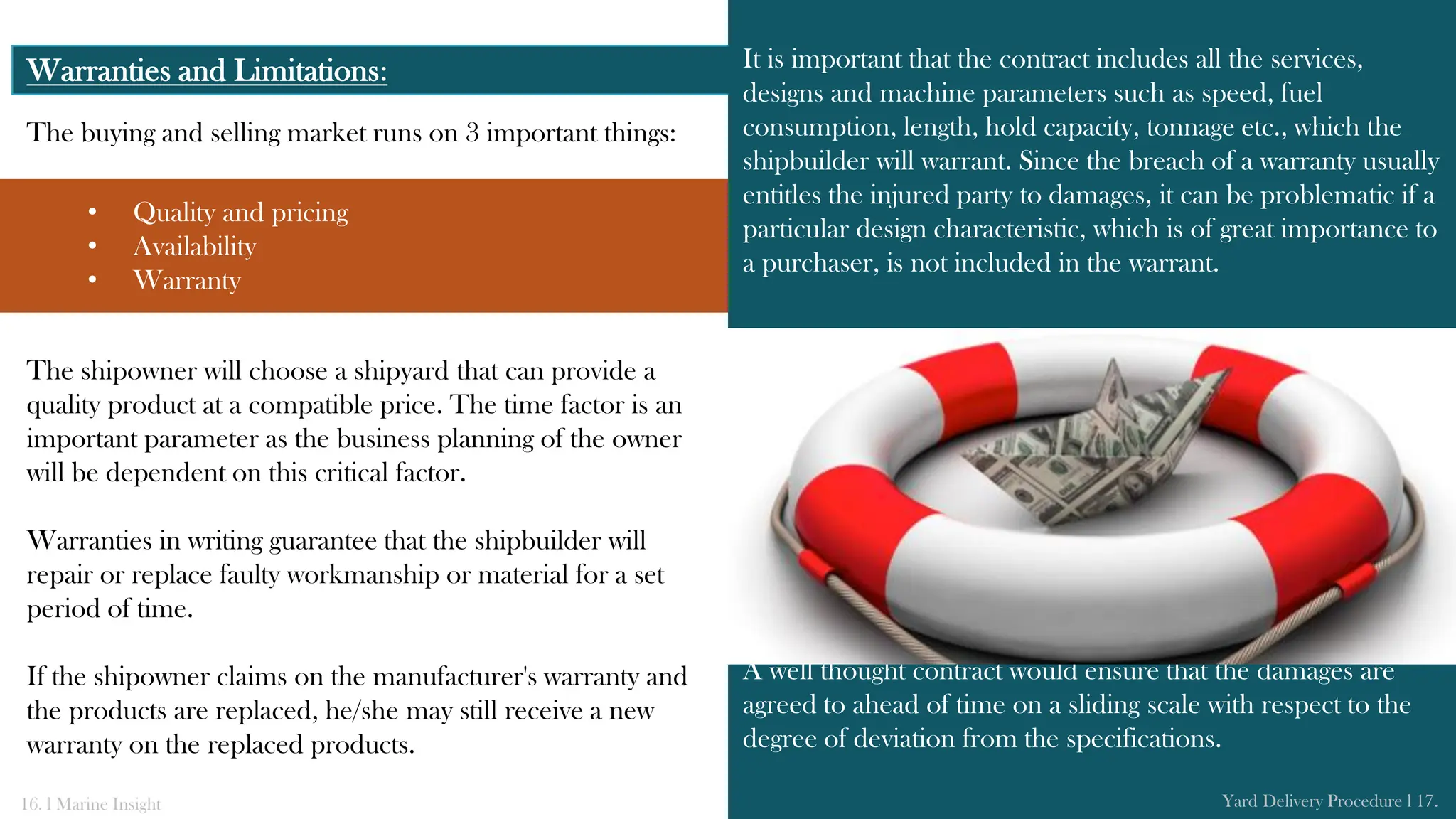 The buying and selling market runs on 3 important things:
The shipowner will choose a shipyard that can provide a
quality product at a compatible price. The time factor is an
important parameter as the business planning of the owner
will be dependent on this critical factor.
Warranties in writing guarantee that the shipbuilder will
repair or replace faulty workmanship or material for a set
period of time.
If the shipowner claims on the manufacturer's warranty and
the products are replaced, he/she may still receive a new
warranty on the replaced products.
Warranties and Limitations: It is important that the contract includes all the services,
designs and machine parameters such as speed, fuel
consumption, length, hold capacity, tonnage etc., which the
shipbuilder will warrant. Since the breach of a warranty usually
entitles the injured party to damages, it can be problematic if a
particular design characteristic, which is of great importance to
a purchaser, is not included in the warrant.
A well thought contract would ensure that the damages are
agreed to ahead of time on a sliding scale with respect to the
degree of deviation from the specifications.
16. l Marine Insight Yard Delivery Procedure l 17.
• Quality and pricing
• Availability
• Warranty
 
