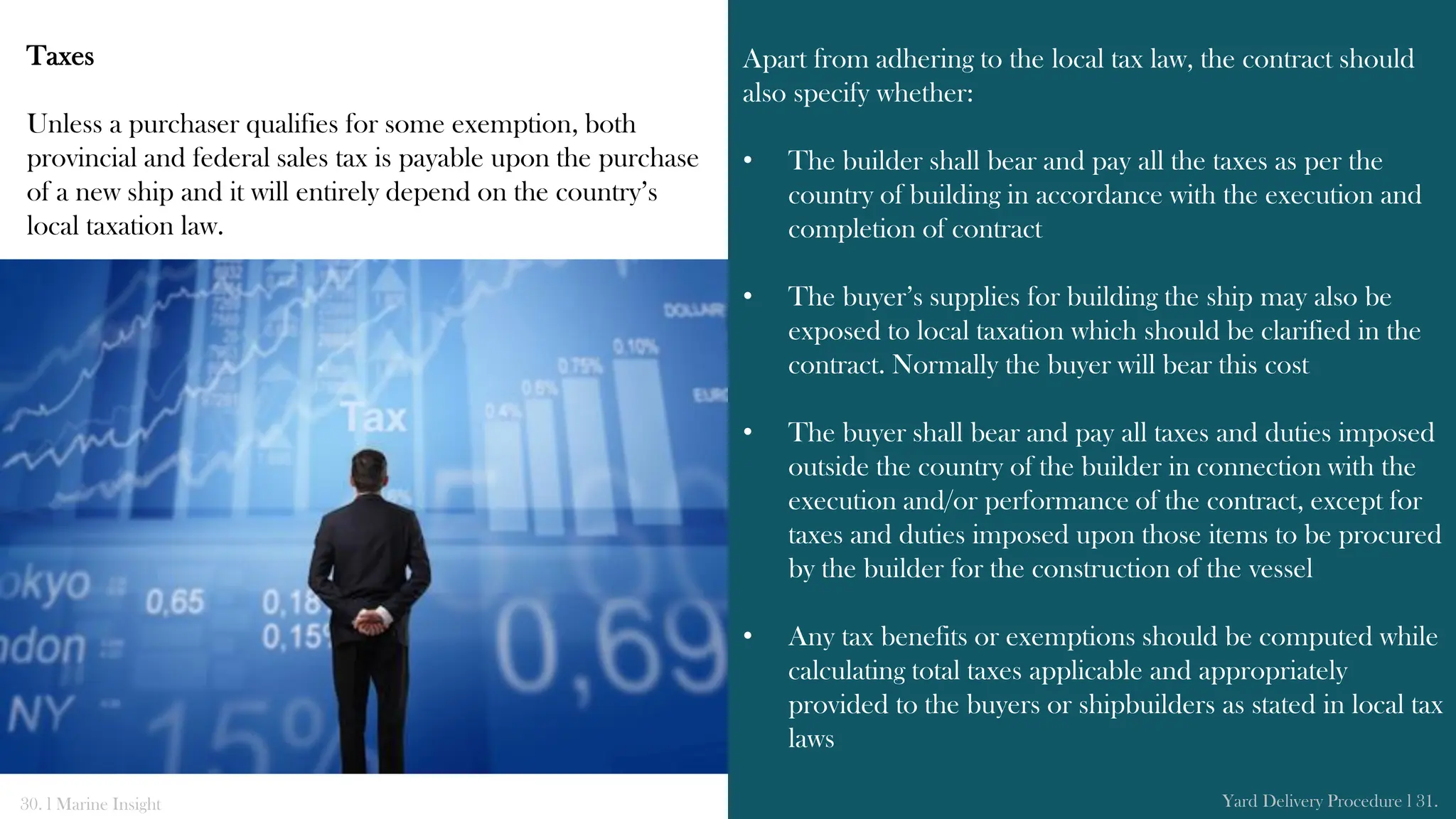 Taxes
Unless a purchaser qualifies for some exemption, both
provincial and federal sales tax is payable upon the purchase
of a new ship and it will entirely depend on the country’s
local taxation law.
Apart from adhering to the local tax law, the contract should
also specify whether:
• The builder shall bear and pay all the taxes as per the
country of building in accordance with the execution and
completion of contract
• The buyer’s supplies for building the ship may also be
exposed to local taxation which should be clarified in the
contract. Normally the buyer will bear this cost
• The buyer shall bear and pay all taxes and duties imposed
outside the country of the builder in connection with the
execution and/or performance of the contract, except for
taxes and duties imposed upon those items to be procured
by the builder for the construction of the vessel
• Any tax benefits or exemptions should be computed while
calculating total taxes applicable and appropriately
provided to the buyers or shipbuilders as stated in local tax
laws
30. l Marine Insight Yard Delivery Procedure l 31.
 