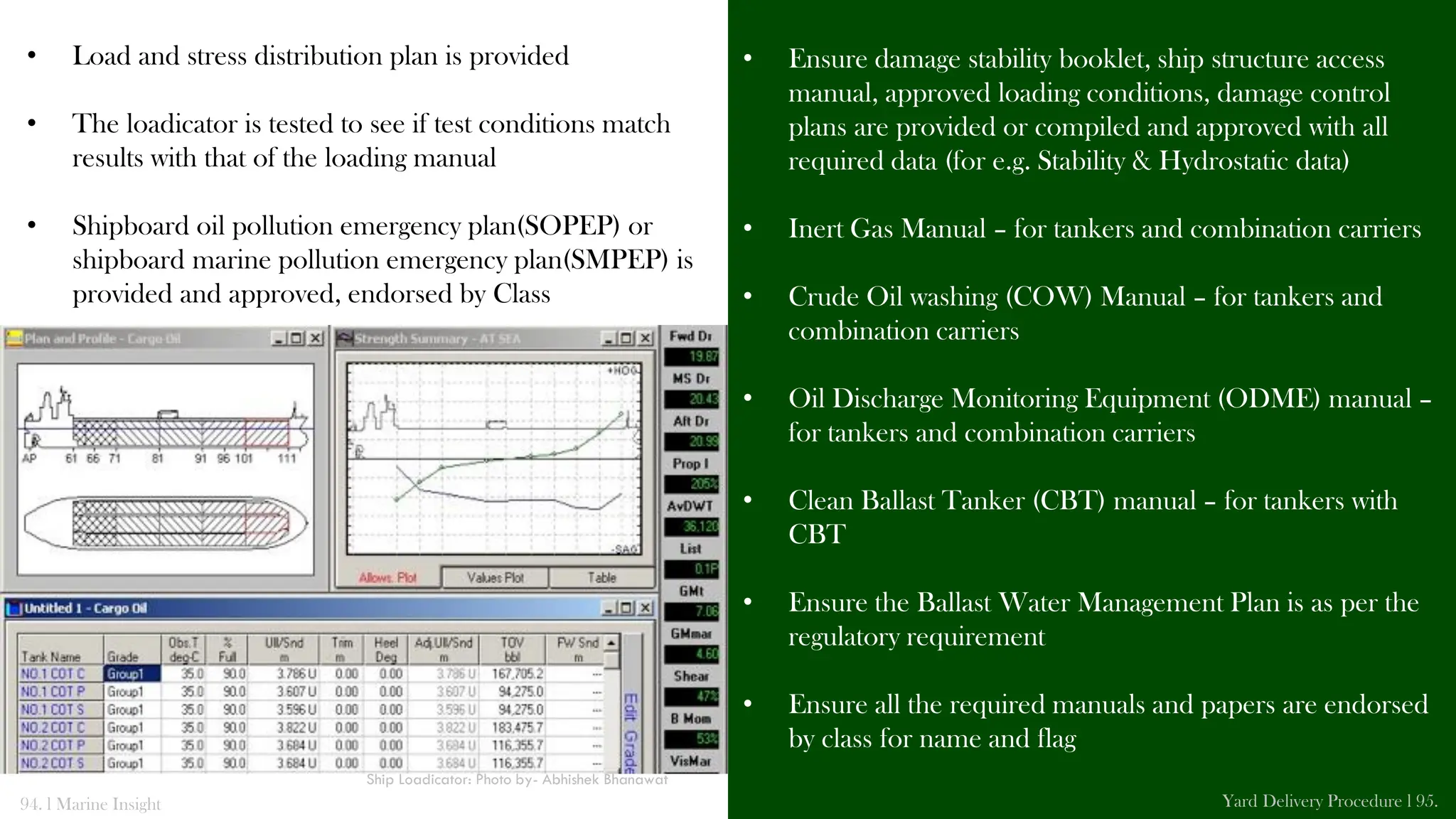 • Ensure damage stability booklet, ship structure access
manual, approved loading conditions, damage control
plans are provided or compiled and approved with all
required data (for e.g. Stability & Hydrostatic data)
• Inert Gas Manual – for tankers and combination carriers
• Crude Oil washing (COW) Manual – for tankers and
combination carriers
• Oil Discharge Monitoring Equipment (ODME) manual –
for tankers and combination carriers
• Clean Ballast Tanker (CBT) manual – for tankers with
CBT
• Ensure the Ballast Water Management Plan is as per the
regulatory requirement
• Ensure all the required manuals and papers are endorsed
by class for name and flag
• Load and stress distribution plan is provided
• The loadicator is tested to see if test conditions match
results with that of the loading manual
• Shipboard oil pollution emergency plan(SOPEP) or
shipboard marine pollution emergency plan(SMPEP) is
provided and approved, endorsed by Class
94. l Marine Insight Yard Delivery Procedure l 95.
Ship Loadicator: Photo by- Abhishek Bhanawat
 