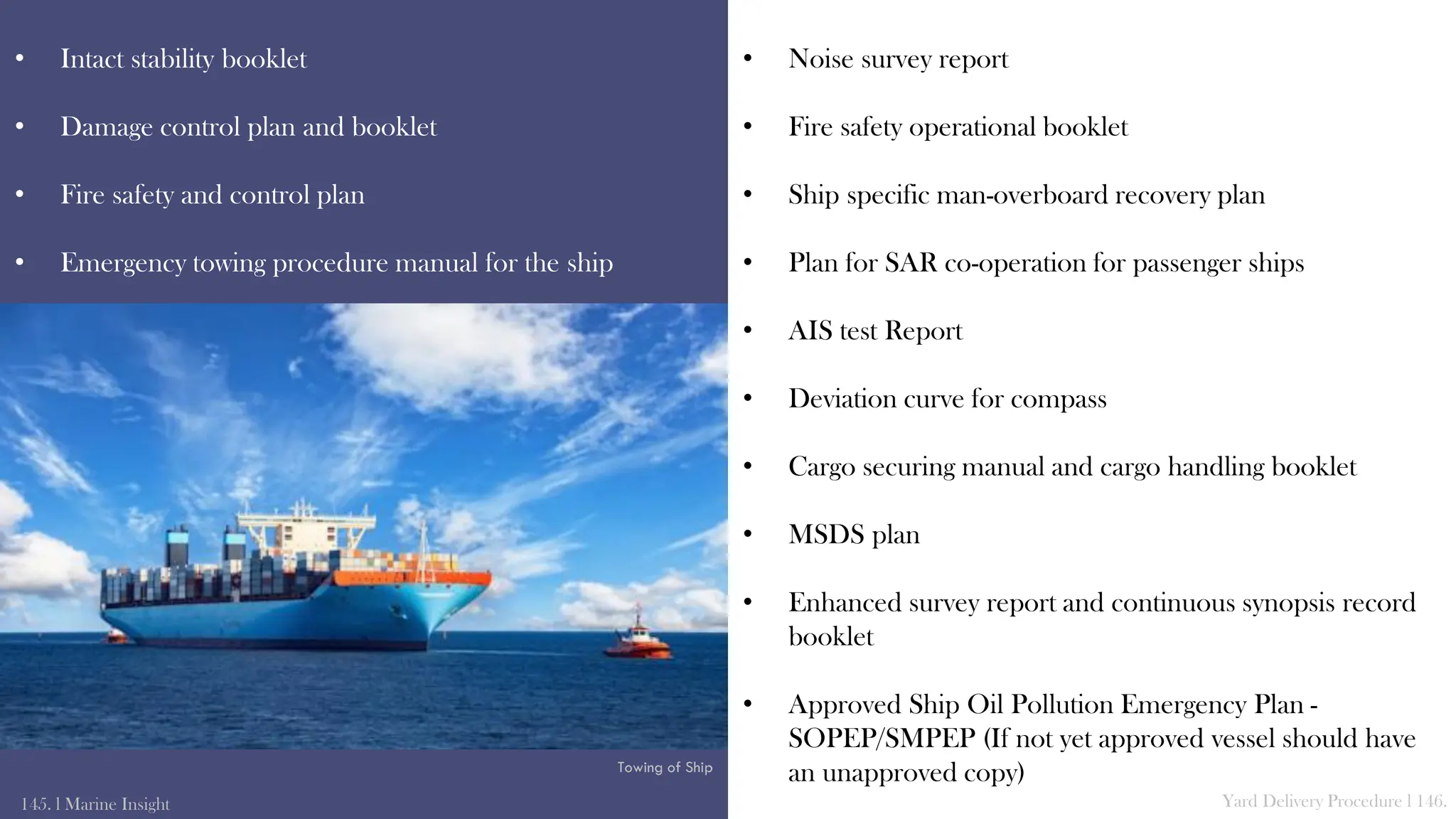 • Noise survey report
• Fire safety operational booklet
• Ship specific man-overboard recovery plan
• Plan for SAR co-operation for passenger ships
• AIS test Report
• Deviation curve for compass
• Cargo securing manual and cargo handling booklet
• MSDS plan
• Enhanced survey report and continuous synopsis record
booklet
• Approved Ship Oil Pollution Emergency Plan -
SOPEP/SMPEP (If not yet approved vessel should have
an unapproved copy)
• Intact stability booklet
• Damage control plan and booklet
• Fire safety and control plan
• Emergency towing procedure manual for the ship
145. l Marine Insight Yard Delivery Procedure l 146.
Towing of Ship
 