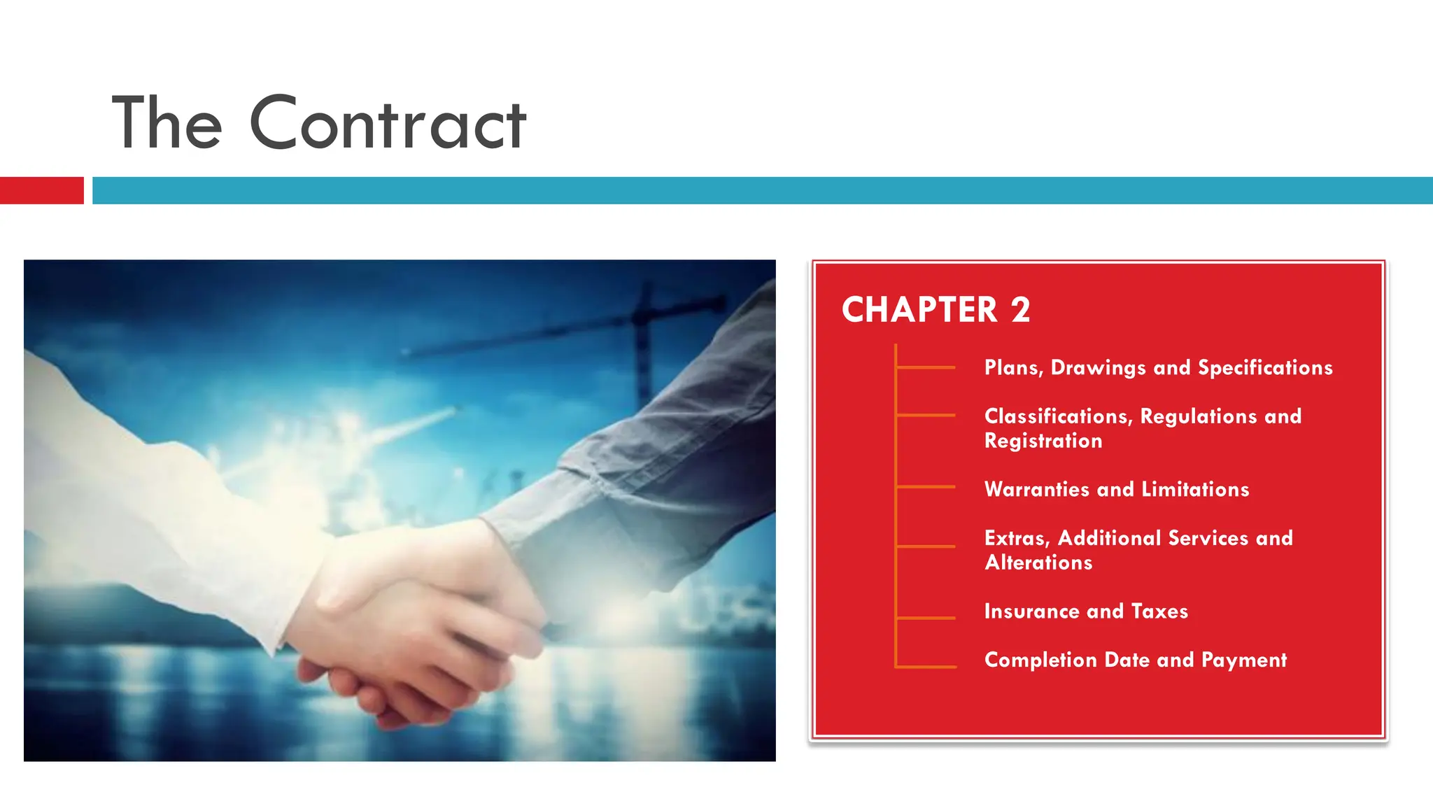 The Contract
CHAPTER 2
Plans, Drawings and Specifications
Classifications, Regulations and
Registration
Warranties and Limitations
Extras, Additional Services and
Alterations
Insurance and Taxes
Completion Date and Payment
 