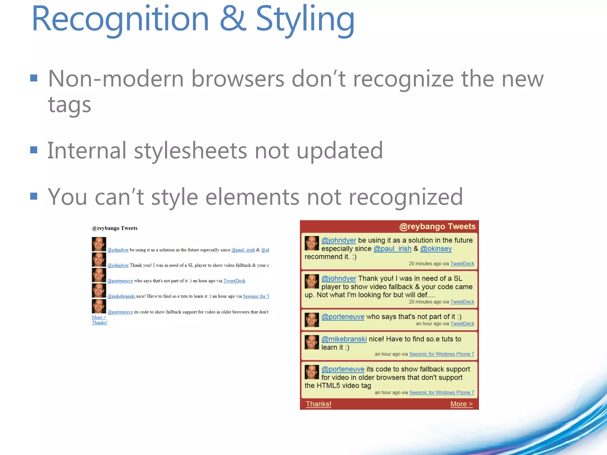 Recognition & Styling
 Non-modern browsers don’t recognize the new
  tags
 Internal stylesheets not updated
 You can’t style elements not recognized
 