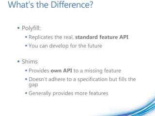 What’s the Difference?

   Polyfill:
      Replicates the real, standard feature API
      You can develop for the future

   Shims
      Provides own API to a missing feature
      Doesn’t adhere to a specification but fills the
       gap
      Generally provides more features
 