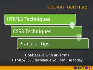 HTML5 Techniques
CSS3 Techniques
Practical Tips
Goal: Leave with at least 1
HTML5/CSS3 technique you can use today
 