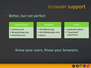 • Better, but not perfect
Feature Check
• CanIUse.com
• BrowserScope.org
• Html5Test.com
Equalizers
• Html5Reset.org
• Html5Boilerplate.com
• jQuery
Hacks
• JavaScript helpers
• “Downlevel”
experiences
Know your users. Know your browsers.
 