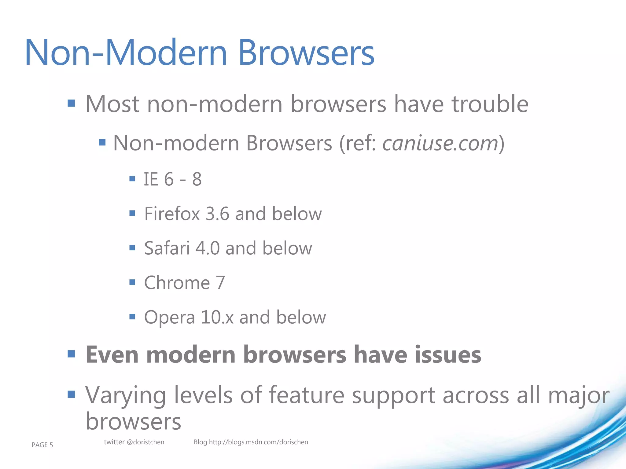 Non-Modern Browsers
          Most non-modern browsers have trouble
             Non-modern Browsers (ref: caniuse.com)
                    IE 6 - 8
                    Firefox 3.6 and below
                    Safari 4.0 and below
                    Chrome 7
                    Opera 10.x and below

          Even modern browsers have issues
          Varying levels of feature support across all major
           browsers
PAGE 5      twitter @doristchen   Blog http://blogs.msdn.com/dorischen
 