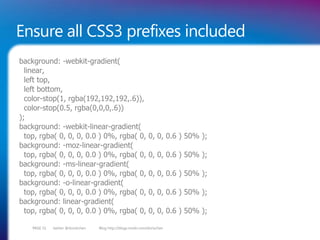 Ensure all CSS3 prefixes included
background: -webkit-gradient(
  linear,
  left top,
  left bottom,
  color-stop(1, rgba(192,192,192,.6)),
  color-stop(0.5, rgba(0,0,0,.6))
);
background: -webkit-linear-gradient(
  top, rgba( 0, 0, 0, 0.0 ) 0%, rgba( 0,                       0, 0, 0.6 ) 50% );
background: -moz-linear-gradient(
  top, rgba( 0, 0, 0, 0.0 ) 0%, rgba( 0,                       0, 0, 0.6 ) 50% );
background: -ms-linear-gradient(
  top, rgba( 0, 0, 0, 0.0 ) 0%, rgba( 0,                       0, 0, 0.6 ) 50% );
background: -o-linear-gradient(
  top, rgba( 0, 0, 0, 0.0 ) 0%, rgba( 0,                       0, 0, 0.6 ) 50% );
background: linear-gradient(
  top, rgba( 0, 0, 0, 0.0 ) 0%, rgba( 0,                       0, 0, 0.6 ) 50% );

    PAGE 51   twitter @doristchen   Blog http://blogs.msdn.com/dorischen
 