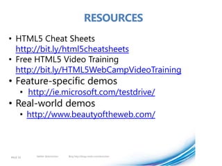 RESOURCES
• HTML5 Cheat Sheets
  http://bit.ly/html5cheatsheets
• Free HTML5 Video Training
  http://bit.ly/HTML5WebCampVideoTraining
• Feature-specific demos
      • http://ie.microsoft.com/testdrive/
• Real-world demos
      • http://www.beautyoftheweb.com/



PAGE 59   twitter @doristchen   Blog http://blogs.msdn.com/dorischen
 