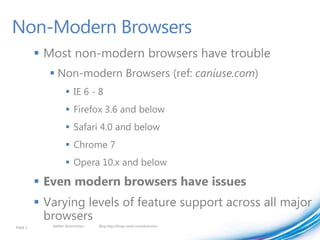 Non-Modern Browsers
          Most non-modern browsers have trouble
             Non-modern Browsers (ref: caniuse.com)
...