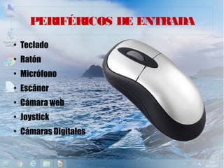 PERIFÉRICOS DE ENTRADA
●
Teclado
●
Ratón
●
Micrófono
●
Escáner
●
Cámara web
●
Joystick
●
Cámaras Digitales