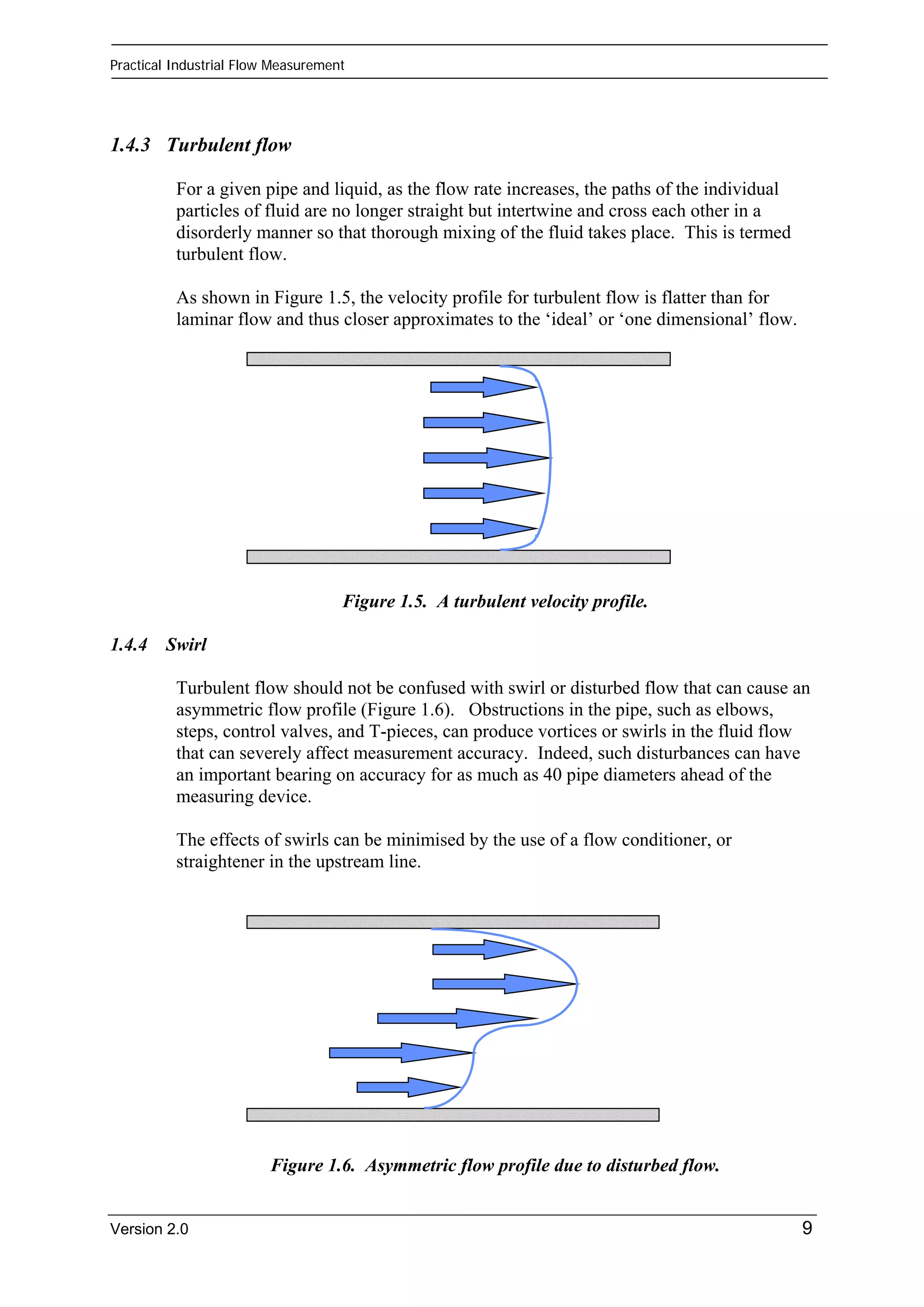 Practical Industrial Flow Measurement 
1.4.3 Turbulent flow 
For a given pipe and liquid, as the flow rate increases, the paths of the individual 
particles of fluid are no longer straight but intertwine and cross each other in a 
disorderly manner so that thorough mixing of the fluid takes place. This is termed 
turbulent flow. 
As shown in Figure 1.5, the velocity profile for turbulent flow is flatter than for 
laminar flow and thus closer approximates to the ‘ideal’ or ‘one dimensional’ flow. 
Figure 1.5. A turbulent velocity profile. 
1.4.4 Swirl 
Turbulent flow should not be confused with swirl or disturbed flow that can cause an 
asymmetric flow profile (Figure 1.6). Obstructions in the pipe, such as elbows, 
steps, control valves, and T-pieces, can produce vortices or swirls in the fluid flow 
that can severely affect measurement accuracy. Indeed, such disturbances can have 
an important bearing on accuracy for as much as 40 pipe diameters ahead of the 
measuring device. 
The effects of swirls can be minimised by the use of a flow conditioner, or 
straightener in the upstream line. 
Figure 1.6. Asymmetric flow profile due to disturbed flow. 
Version 2.0 9 
 