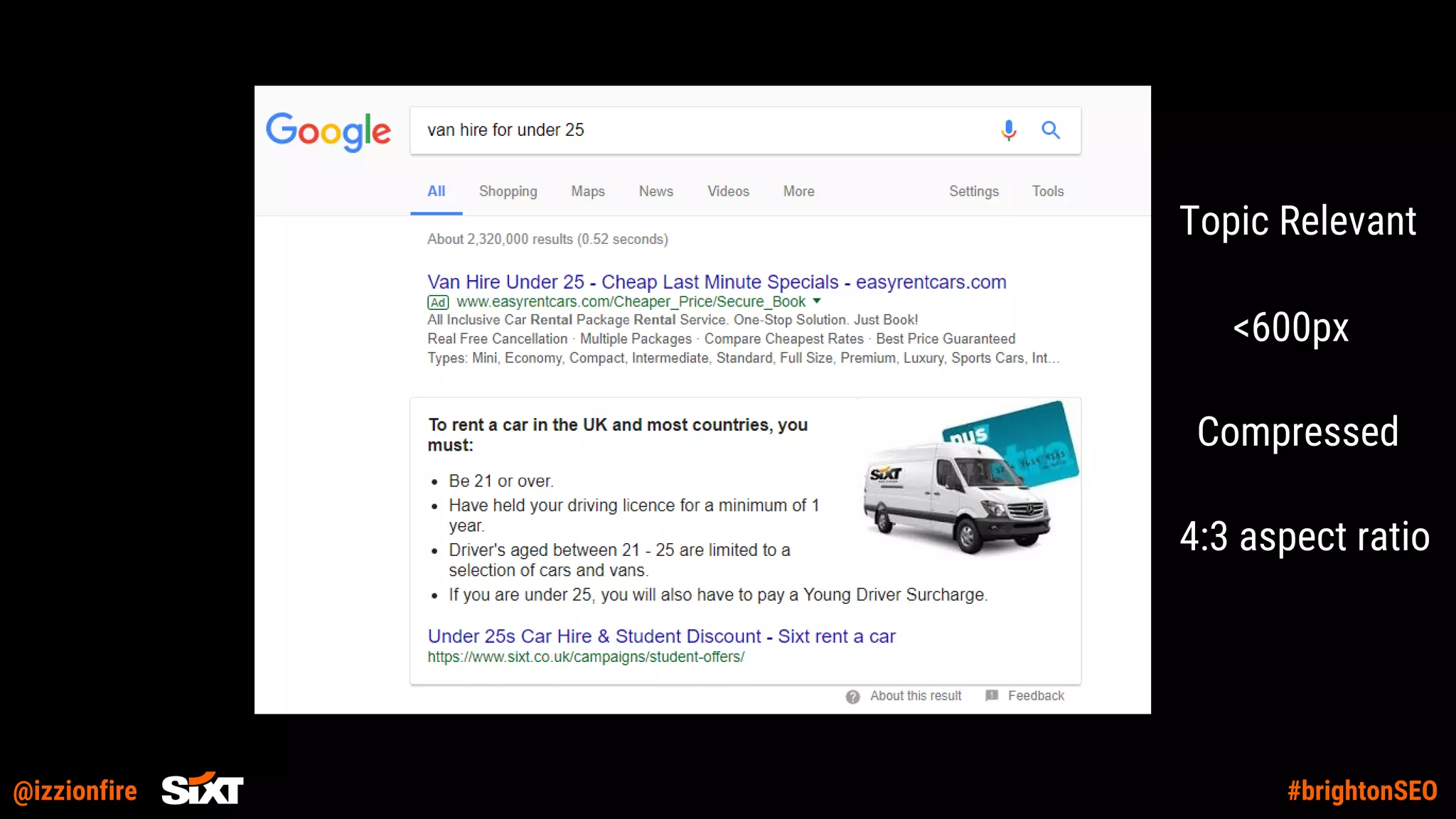 @izzionfire #brightonSEO
4:3 aspect ratio
<600px
Topic Relevant
Compressed
 