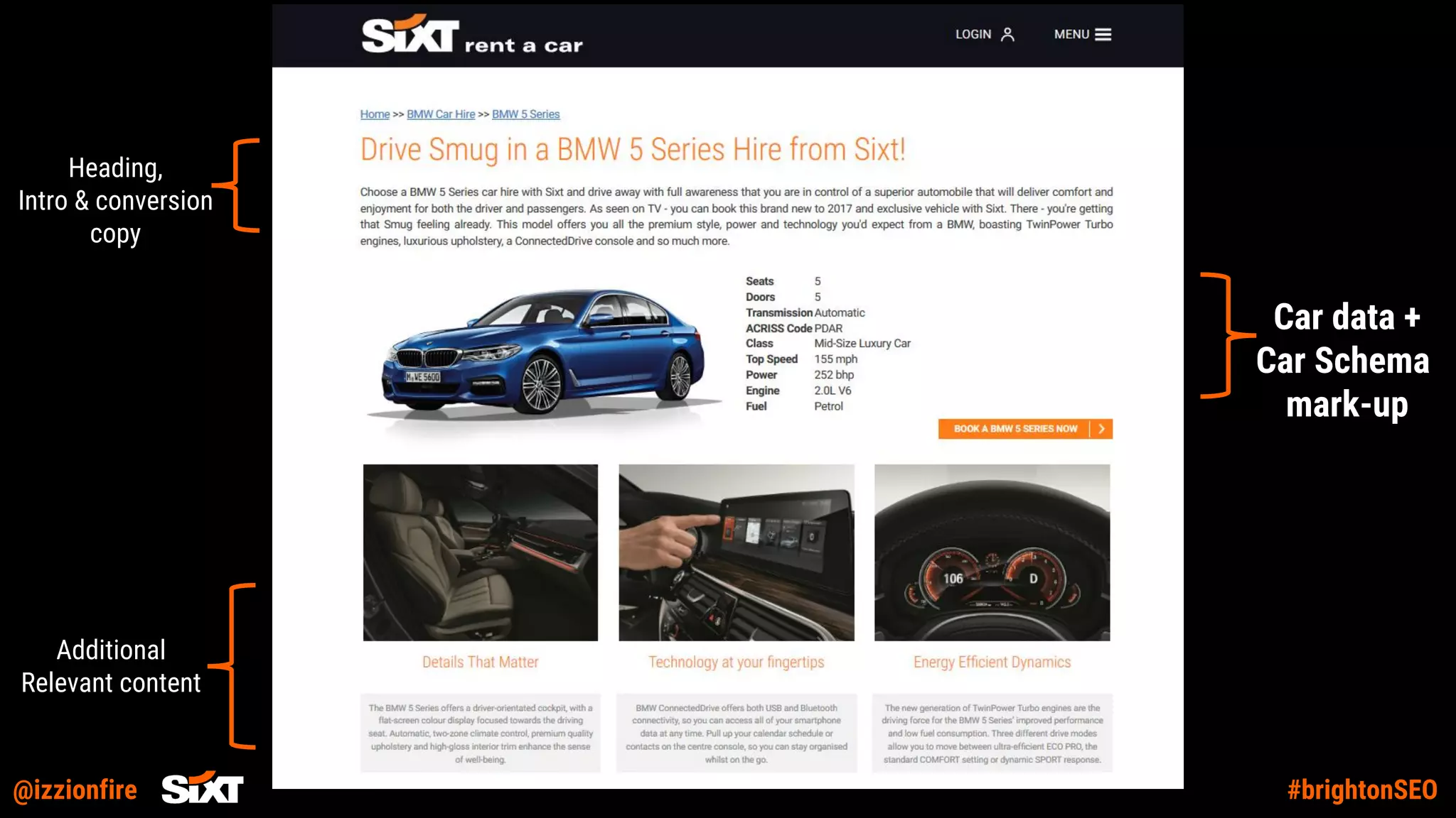 @izzionfire #brightonSEO
Heading,
Intro & conversion
copy
Car data +
Car Schema
mark-up
Additional
Relevant content
 
