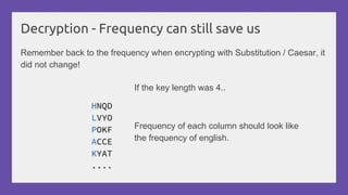 Decryption - Frequency can still save us
Remember back to the frequency when encrypting with Substitution / Caesar, it
did not change!
HNQD
LVYO
POKF
ACCE
KYAT
....
If the key length was 4..
Frequency of each column should look like
the frequency of english.
 
