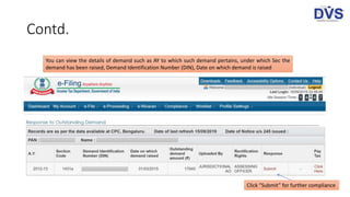 Contd.
You can view the details of demand such as AY to which such demand pertains, under which Sec the
demand has been raised, Demand Identification Number (DIN), Date on which demand is raised
Click “Submit” for further compliance
 