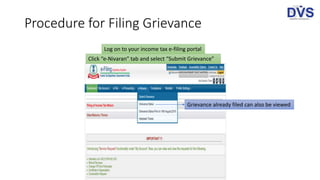 Procedure for Filing Grievance
Click “e-Nivaran” tab and select “Submit Grievance”
Log on to your income tax e-filing portal
Grievance already filed can also be viewed
 