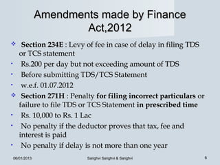 Amendments made by Finance
                         Act,2012
       Section 234E : Levy of fee in case of delay in filing TDS
       or TCS statement
•       Rs.200 per day but not exceeding amount of TDS
•       Before submitting TDS/TCS Statement
•       w.e.f. 01.07.2012
       Section 271H : Penalty for filing incorrect particulars or
       failure to file TDS or TCS Statement in prescribed time
•       Rs. 10,000 to Rs. 1 Lac
•       No penalty if the deductor proves that tax, fee and
       interest is paid
•       No penalty if delay is not more than one year
    06/01/2013              Sanghvi Sanghvi & Sanghvi            6
 