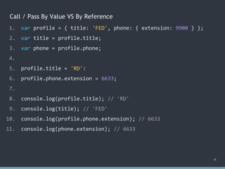 Call / Pass By Value VS By Reference
11
1. var profile = { title: 'FED', phone: { extension: 9900 } };
2. var title = profile.title;
3. var phone = profile.phone;
4.
5. profile.title = 'RD':
6. profile.phone.extension = 6633;
7.
8. console.log(profile.title); // 'RD'
9. console.log(title); // ?
10. console.log(profile.phone.extension); // 6633
11. console.log(phone.extension); // ?
1. var profile = { title: 'FED', phone: { extension: 9900 } };
2. var title = profile.title;
3. var phone = profile.phone;
4.
5. profile.title = 'RD':
6. profile.phone.extension = 6633;
7.
8. console.log(profile.title); // 'RD'
9. console.log(title); // 'FED'
10. console.log(profile.phone.extension); // 6633
11. console.log(phone.extension); // ?
1. var profile = { title: 'FED', phone: { extension: 9900 } };
2. var title = profile.title;
3. var phone = profile.phone;
4.
5. profile.title = 'RD':
6. profile.phone.extension = 6633;
7.
8. console.log(profile.title); // 'RD'
9. console.log(title); // 'FED'
10. console.log(profile.phone.extension); // 6633
11. console.log(phone.extension); // 6633
 
