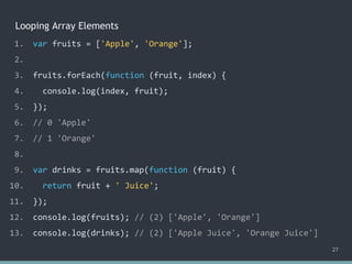 Looping Array Elements
27
1. var fruits = ['Apple', 'Orange'];
2.
3. fruits.forEach(function (fruit, index) {
4. console.log(index, fruit);
5. });
6. // 0 'Apple'
7. // 1 'Orange'
8.
9. var drinks = fruits.map(function (fruit) {
10. return fruit + ' Juice';
11. });
12. console.log(fruits); // (2) ['Apple', 'Orange']
13. console.log(drinks); // (2) ['Apple Juice', 'Orange Juice']
 