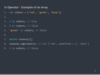 in Operator - Examples of An Array
72
1. var colors = ['red', 'green', 'blue'];
2.
3. 1 in colors; // true
4. 5 in colors; // false
5. 'green' in colors; // ?
6.
7. delete colors[1];
8. console.log(colors); // ?
9. 1 in colors; // ?
1. var colors = ['red', 'green', 'blue'];
2.
3. 1 in colors; // true
4. 5 in colors; // false
5. 'green' in colors; // false
6.
7. delete colors[1];
8. console.log(colors); // ?
9. 1 in colors; // ?
1. var colors = ['red', 'green', 'blue'];
2.
3. 1 in colors; // true
4. 5 in colors; // false
5. 'green' in colors; // false
6.
7. delete colors[1];
8. console.log(colors); // (3) ['red', undefined × 1, 'blue']
9. 1 in colors; // ?
1. var colors = ['red', 'green', 'blue'];
2.
3. 1 in colors; // true
4. 5 in colors; // false
5. 'green' in colors; // false
6.
7. delete colors[1];
8. console.log(colors); // (3) ['red', undefined × 1, 'blue']
9. 1 in colors; // false
 