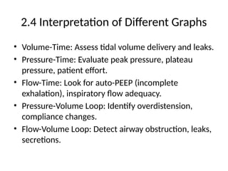 2.4 Interpretation of Different Graphs
• Volume-Time: Assess tidal volume delivery and leaks.
• Pressure-Time: Evaluate peak pressure, plateau
pressure, patient effort.
• Flow-Time: Look for auto-PEEP (incomplete
exhalation), inspiratory flow adequacy.
• Pressure-Volume Loop: Identify overdistension,
compliance changes.
• Flow-Volume Loop: Detect airway obstruction, leaks,
secretions.
 