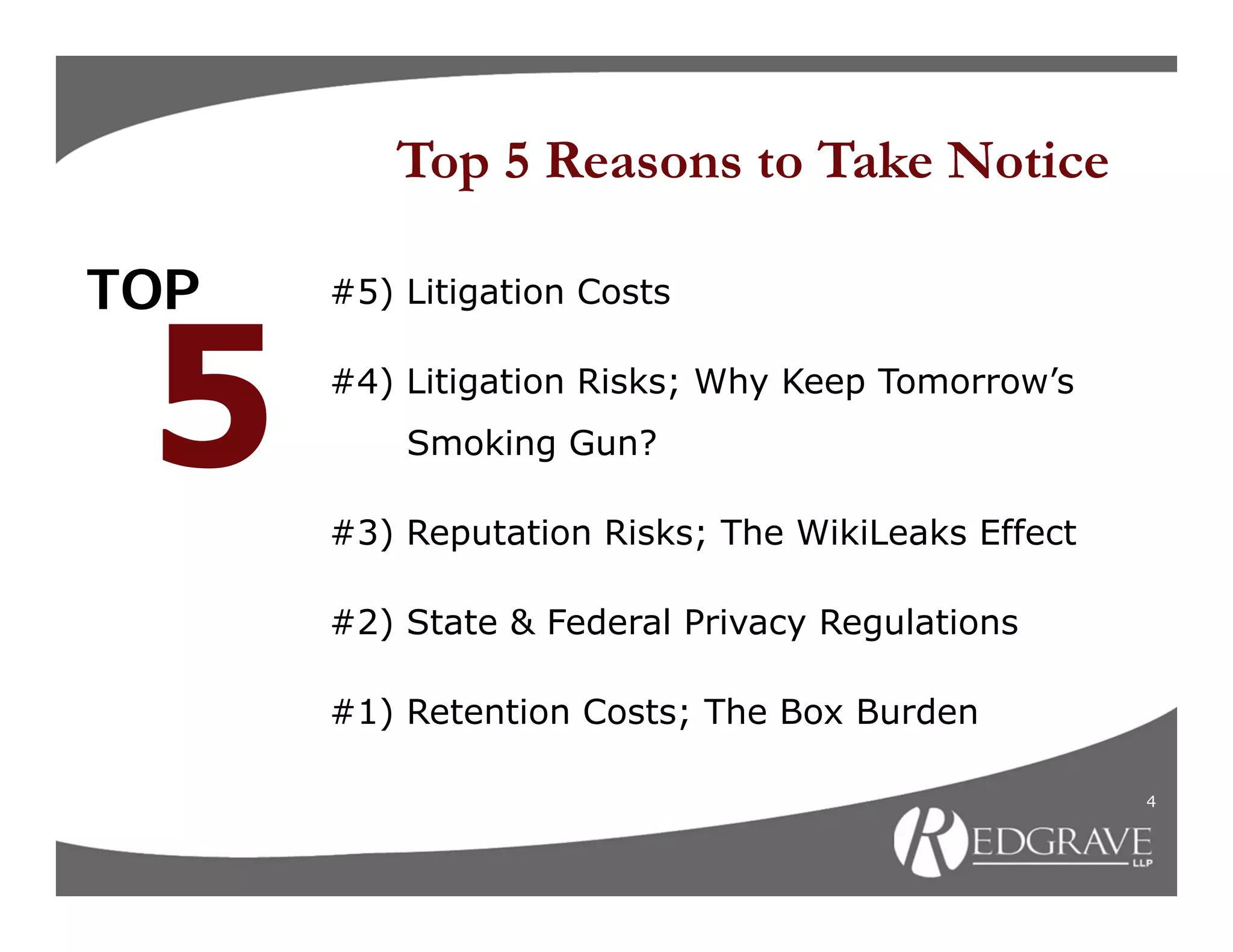 Top 5 Reasons to Take Notice

TOP   #5) Litigation Costs

      #4) Litigation Risks; Why Keep Tomorrow’s
          Smoking Gun?

      #3) Reputation Risks; The WikiLeaks Effect

      #2) State & Federal Privacy Regulations

      #1) Retention Costs; The Box Burden

                                                   4
 