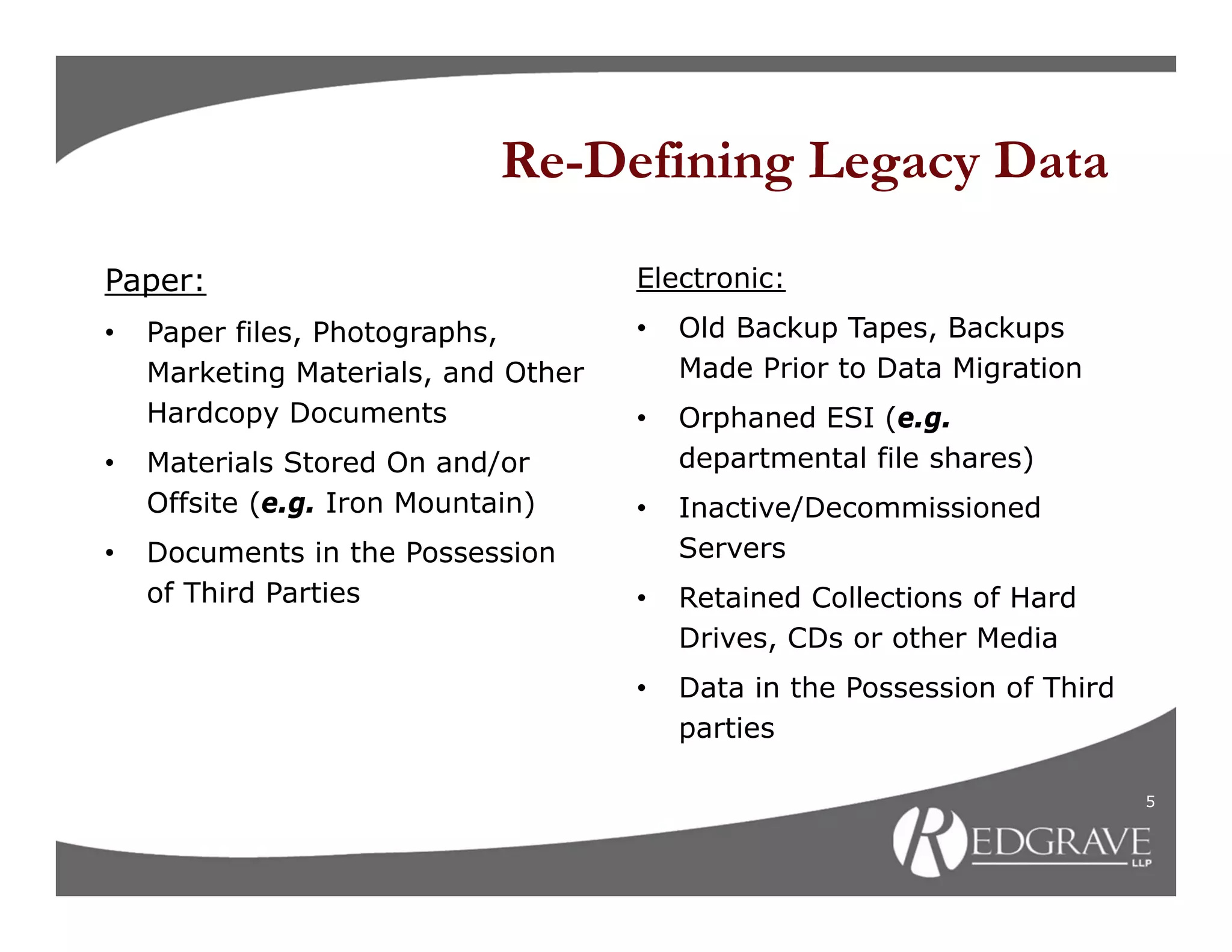 Re-Defining Legacy Data

Paper:                               Electronic:
•   Paper files, Photographs,        •   Old Backup Tapes, Backups
    Marketing Materials, and Other       Made Prior to Data Migration
    Hardcopy Documents               •   Orphaned ESI (e.g.
•   Materials Stored On and/or           departmental file shares)
    Offsite (e.g. Iron Mountain)     •   Inactive/Decommissioned
•   Documents in the Possession          Servers
    of Third Parties                 •   Retained Collections of Hard
                                         Drives, CDs or other Media
                                     •   Data in the Possession of Third
                                         parties

                                                                           5
 