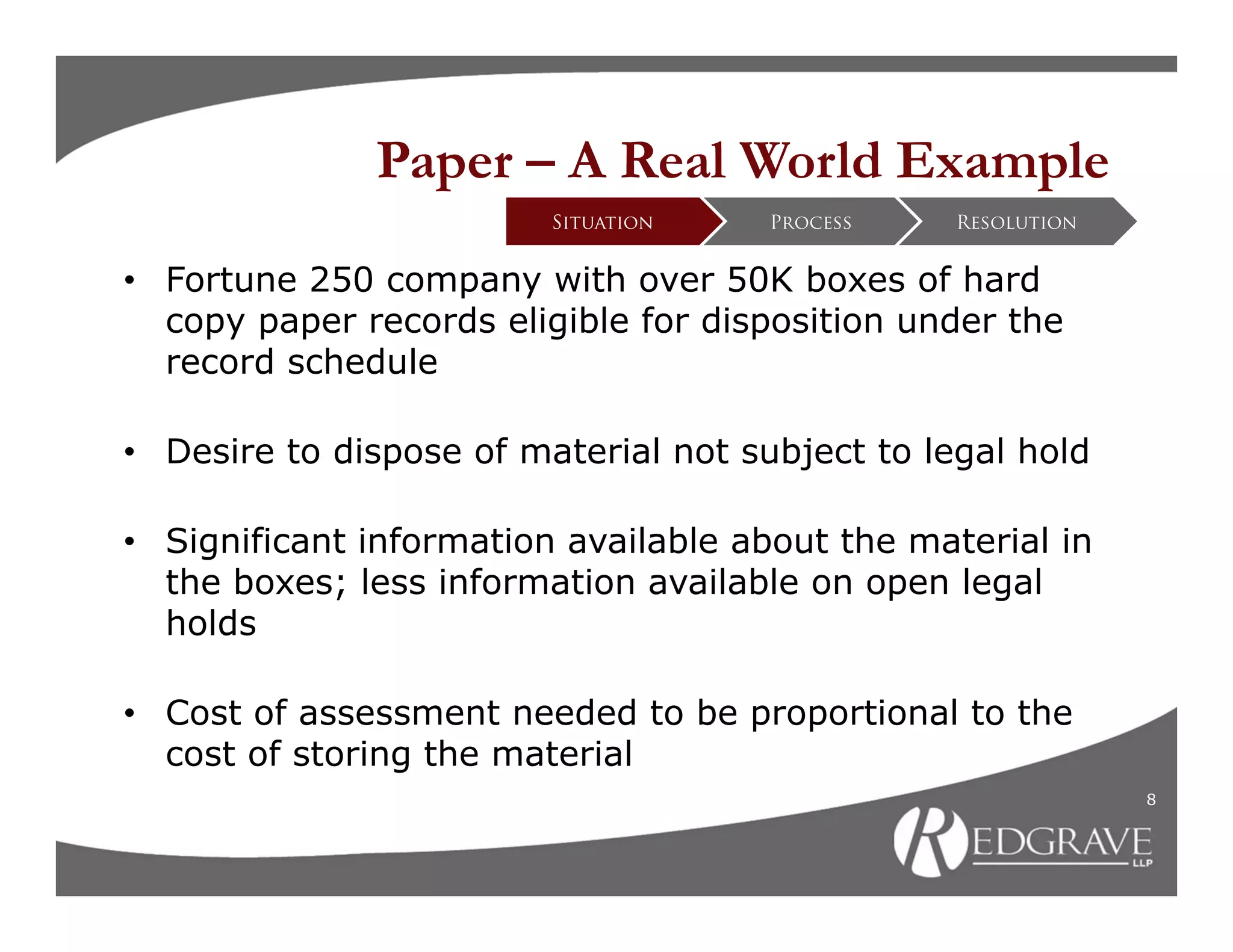 Paper – A Real World Example
                         Situation    Process    Resolution


• Fortune 250 company with over 50K boxes of hard
  copy paper records eligible for disposition under the
  record schedule

• Desire to dispose of material not subject to legal hold

• Significant information available about the material in
  the boxes; less information available on open legal
  holds

• Cost of assessment needed to be proportional to the
  cost of storing the material
                                                              8
 