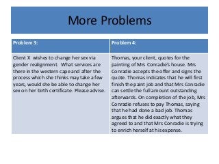 More Problems
Problem 3: Problem 4:
Client X wishes to change her sex via
gender realignment. What services are
there in the western cape and after the
process which she thinks may take a few
years, would she be able to change her
sex on her birth certificate. Please advise.
Thomas, your client, quotes for the
painting of Mrs Conradie’s house. Mrs
Conradie accepts the offer and signs the
quote. Thomas indicates that he will first
finish the paint job and that Mrs Conradie
can settle the full amount outstanding
afterwards. On completion of the job, Mrs
Conradie refuses to pay Thomas, saying
that he had done a bad job. Thomas
argues that he did exactly what they
agreed to and that Mrs Conradie is trying
to enrich herself at his expense.
 