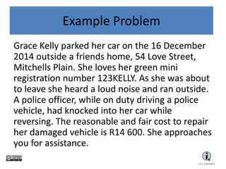 Example Problem
Grace Kelly parked her car on the 16 December
2014 outside a friends home, 54 Love Street,
Mitchells Plain. She loves her green mini
registration number 123KELLY. As she was about
to leave she heard a loud noise and ran outside.
A police officer, while on duty driving a police
vehicle, had knocked into her car while
reversing. The reasonable and fair cost to repair
her damaged vehicle is R14 600. She approaches
you for assistance.
 