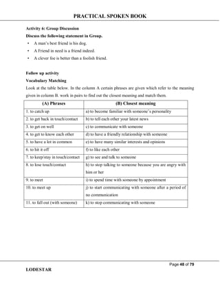 PRACTICAL SPOKEN BOOK
Page 48 of 79
LODESTAR
Activity 6: Group Discussion
Discuss the following statement in Group.
• A man’s best friend is his dog.
• A Friend in need is a friend indeed.
• A clever foe is better than a foolish friend.
Follow up activity
Vocabulary Matching
Look at the table below. In the column A certain phrases are given which refer to the meaning
given in column B. work in pairs to find out the closest meaning and match them.
(A) Phrases (B) Closest meaning
1. to catch up a) to become familiar with someone’s personality
2. to get back in touch/contact b) to tell each other your latest news
3. to get on well c) to communicate with someone
4. to get to know each other d) to have a friendly relationship with someone
5. to have a lot in common e) to have many similar interests and opinions
6. to hit it off f) to like each other
7. to keep/stay in touch/contact g) to see and talk to someone
8. to lose touch/contact h) to stop talking to someone because you are angry with
him or her
9. to meet i) to spend time with someone by appointment
10. to meet up j) to start communicating with someone after a period of
no communication
11. to fall out (with someone) k) to stop communicating with someone
 