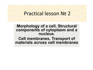 Practical lesson № 2
Morphology of a cell. Structural
components of cytoplasm and a
nucleus.
Cell membranes. Transport of
materials across cell membranes
 