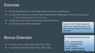 Exercise
● Go to /tmp directory and create there a directory called pizza
● In your new directory, create 3 files named after toppings you like on your pizza
○ If you don’t like pizza, get out of the room
● Verify they have been created (in pizza directory)
● Go back to your home directory Did you know? Every time you’ll
reboot your operating system, the
files and directories in /tmp will be
removed!
Bonus Exercise
● In /tmp create a directory called ‘ten_files’
● Create there 10 files called ‘file1, file2, file3, …’
Commands we learned so far:
pwd - current location
cd - change directory
ls - list content
mkdir - create directory
touch - create empty file
 