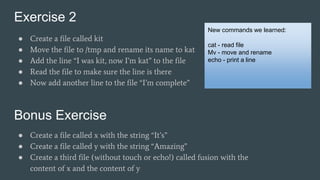 Exercise 2
● Create a file called kit
● Move the file to /tmp and rename its name to kat
● Add the line “I was kit, now I’m kat” to the file
● Read the file to make sure the line is there
● Now add another line to the file “I’m complete”
New commands we learned:
cat - read file
Mv - move and rename
echo - print a line
Bonus Exercise
● Create a file called x with the string “It’s”
● Create a file called y with the string “Amazing”
● Create a third file (without touch or echo!) called fusion with the
content of x and the content of y
 