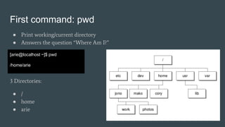 First command: pwd
● Print working/current directory
● Answers the question “Where Am I?”
3 Directories:
● /
● home
● arie
[arie@localhost ~]$ pwd
/home/arie
 