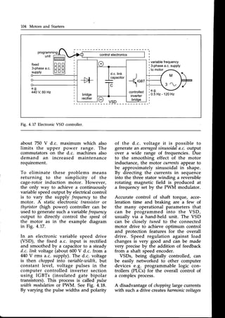 104 Motors and Starters
trt
trn
trtr
bridge
recifier
I
-l(roar
I
controlled
inverter
d.c.link
capacitor
fixed
3-phasea.c.
supply
r variablefrequency
| 3-phasea.c.supply
r to motor
e.g.
440 V 60 Hz i".s. -/
i 0.5Hz- 120Hz
Fig. 4.L7 ElectronicVSD controller.
about 750 V d.c. maximum which also
limits the upper power range. The
commutators on the d.c. machines also
demand an increased maintenance
requirement.
To eliminate these problems means
returning to the simplicity of the
cage-rotor induction motor. However,
the only way to achieve a continuously
variable speedoutput by electricalcontrol
is to vary the supply frequencyto the
motor. A static electronic transistoror
thyristor (high power) controller can be
used to generatesuch a variable frequency
output to directly control the speedof
the motor as in the example diagram
in Fig. 4.17.
In an electronic variable speed drive
(VSD), the fixed a.c. input is rectified
and smoothedby a capacitorto a steady
d.c. link voltage (about 600V d.c. from a
440V rms a.c. supply). The d.c. voltage
is then choppedinto aariable-width,but
constant level, voltage pulses in the
computer controlled inverter section
using IGBTs (insulated gate bipolar
transistors). This process is called pulse
width modulationor PWM. SeeFig. 4.18.
By varying the pulse widths and polarity
of the d.c. voltage it is possible to
generate an aaeraged
sinusoidala.c. output
over a wide range of frequencies. Due
to the smoothing effect of the motor
inductance, the motor currentsappear to
be approximately sinusoidal in shape.
By directing the currents in sequence
into the three stator winding a reversible
rotating magnetic field is produced at
a frequency set by the PWM modulator.
Accurate control of shaft torque, acce-
leration time and braking are a few of
the many operational parameters that
can be programmed into the VSD,
usuallv via a hand-held unit. The VSD
can b-e closelv tuned to the connected
motor drive to achieve optimum control
and protection features for the overall
drive. Speed regulation against load
changesis very good and can be made
very preciseby the addition of feedback
from a shaft speed encoder.
VSDs, being digitally controlled/ can
be easily networked to other computer
devices e.g. programmable logic con-
trollers (PLCs) for the overall control of
a complex process.
A disadvantageof choppinglarge currents
with such a drive createsharmonicaoltnges
 