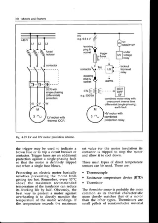 106 Motors and Starters
HV
e.g.6.6k V
isolating
VT
6600/110V
fused
isolator
contactor
OCRwith
single-phasing
(differential)
protection
W
3i:x$
fi'irr;;,dLE[?,"
ilil; :
t + : '
. d Trin .' lockout
I
I
I
I
I
I
contactor..
''lP..I r-olt iri")i"."t
)
| l<" '.
r."i"y
;:5'iln.1, ; :
LVmotorwith
thermal
OCR
;";1J Y
ararms:
I
* r focrrl
cr slit . . . >l
or r r l
e.q.
5oo/5A
I I EF I
-
| combined
motorrelaywith:
I ouercurrent
inversetime
I differential(single-phasing)
at
earthraurt
I I HVmotor
with
 3 rV
/combined
 , /
p r o t e c t i o n
r e l a y
Fig. 4.19 LV and HV motor protection scheme.
the trigger may be used to indicate a
blown fuse or to trip a circuit breaker or
contactor.Trigger fuses are an additional
protection against a single-phasingfault
so that the motor is definitely tripped
out when a single fuse blows.
Protecting an electric motor basically
involves preventing the motor from
getting too hot. Remember, every L0'C
above the maximum recommended
temperature of the insulation can reduce
its working life by half. Obviously, the
best way to protect a motor against
overheating is to directly monitor the
temperature of the motor windings. If
the temperature exceedsthe maximum
set value for the motor insulation its
contactor is tripped to stop the rnotor
and allow it to cool down.
Three main types of direct temperature
sensorscan be used. Theseare:
o
a
o Thermocouple
Resistancetemperature device (RTD)
Thermistor
Tlnethermistorsensor
is probably the most
common as its thermal characteristic
more closelv matches that of a motor
than the other types. Thermistors are
small pellets of semiconductor material
 