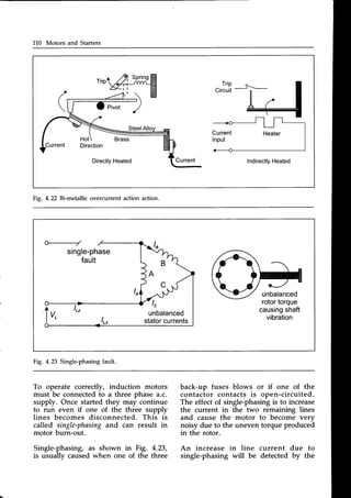 110 Motors and Starters
Hot
Indirectly
Heated
Fig. 4.22 Bi-metallic overcurrent action action.
fAt
t f
,,
causingshaft
vibration
unbalanced
statorcurrents
Fig. 4.23 Single-phasingfault.
To operate correctly, induction motors
must be connectedto a three phase a.c.
supply. Once started they may continue
to run even if one of the three supply
lines becomes disconnected. This is
called single-phasingand can result in
motor burn-out.
Single-phasing,as shown in Fig. 4.23,
is usuallv causedwhen one of the three
back-up fuses blows or if one of the
contactor contacts is open-circuited.
The effect of single-phasing is to increase
the current in the two remaining lines
and cause the motor to become very
noisy due to the uneven torque produced
in the rotor.
An increase in line current due to
single-phasing will be detected by the
 